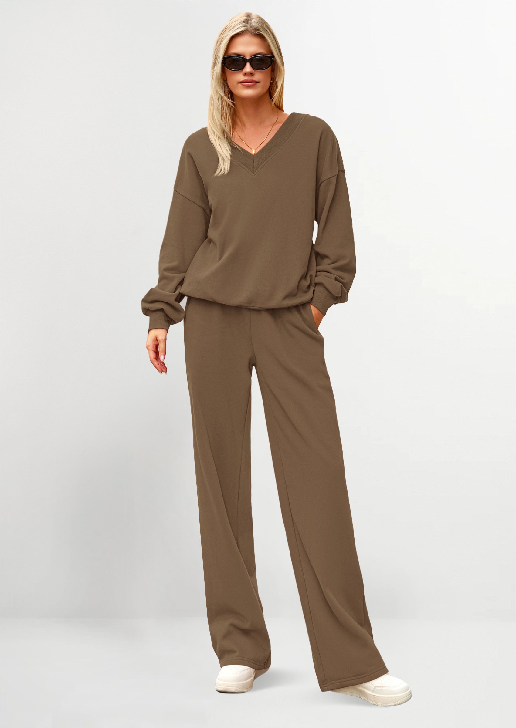 PRETTYGARDEN Casual Winter Two Piece Sets for Women V Neck Sweatshirt Loose Wide Leg Pants Tracksuit Knit Fall Outfits