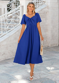 PRETTYGARDEN Summer Dress for Women Casual Short Sleeve Bow Tie V Neck Ruffle Midi Flowy Dresses