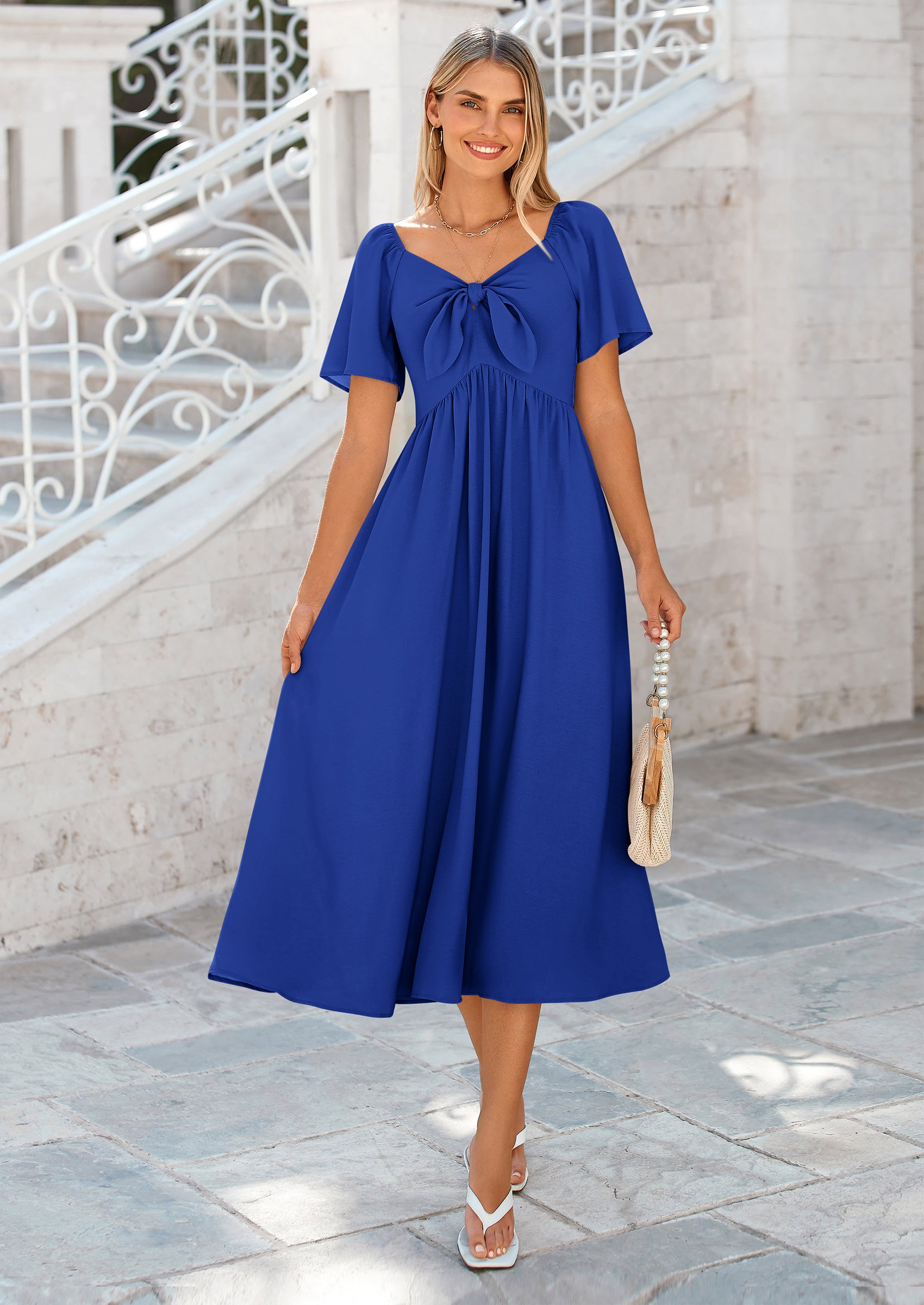 PRETTYGARDEN Summer Dress for Women Casual Short Sleeve Bow Tie V Neck Ruffle Midi Flowy Dresses