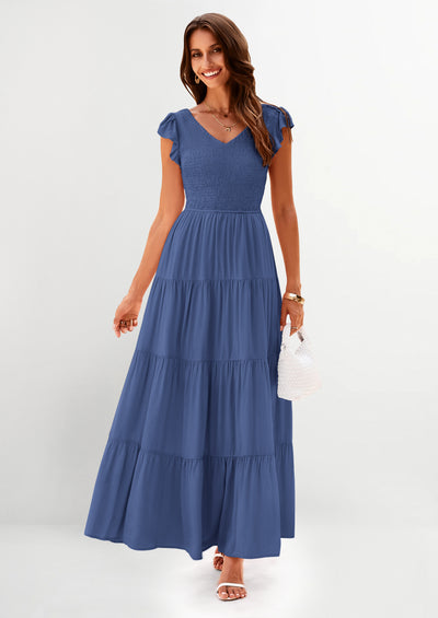 PRETTYGARDEN Women's Flowy Maxi Dress Casual Cap Sleeve V Neck Smocked Beach Sundress