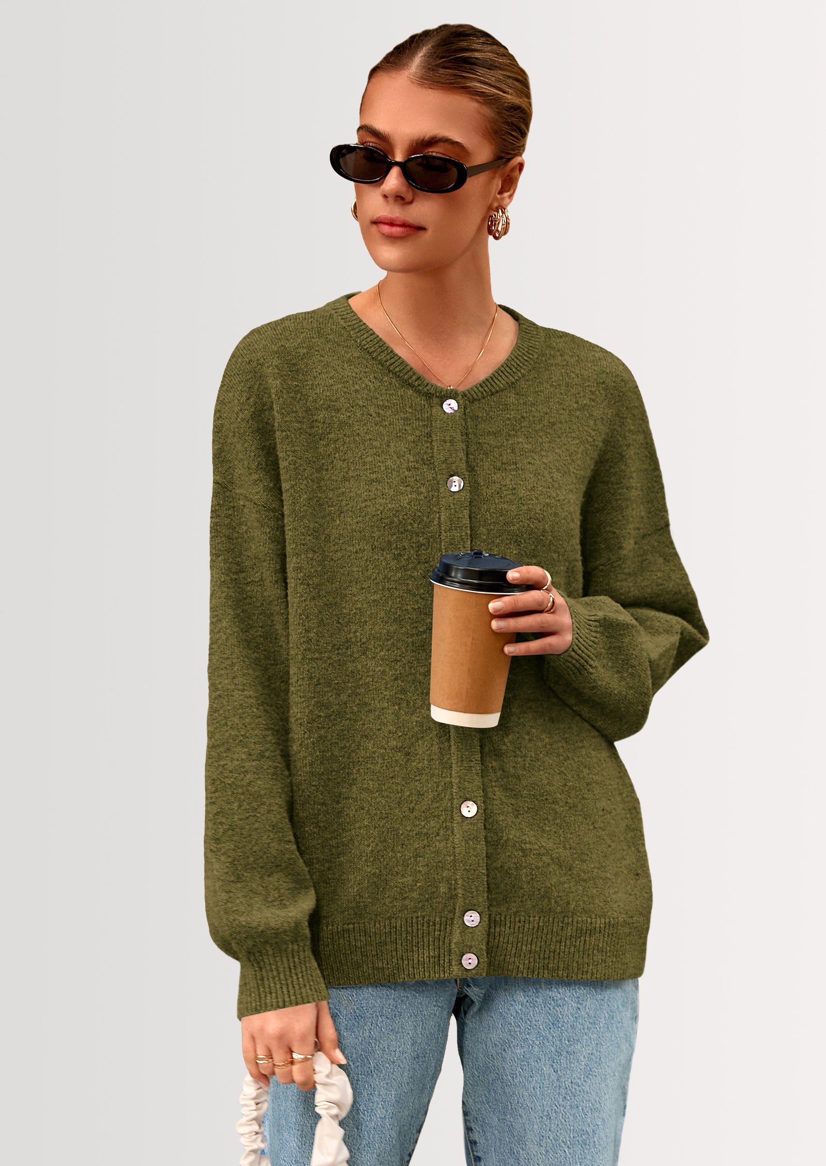 PRETTYGARDEN Fall Long Sleeve Cardigans for Women Trendy Open Front Winter Button Down Crewneck Soft Knit Sweater Jacket