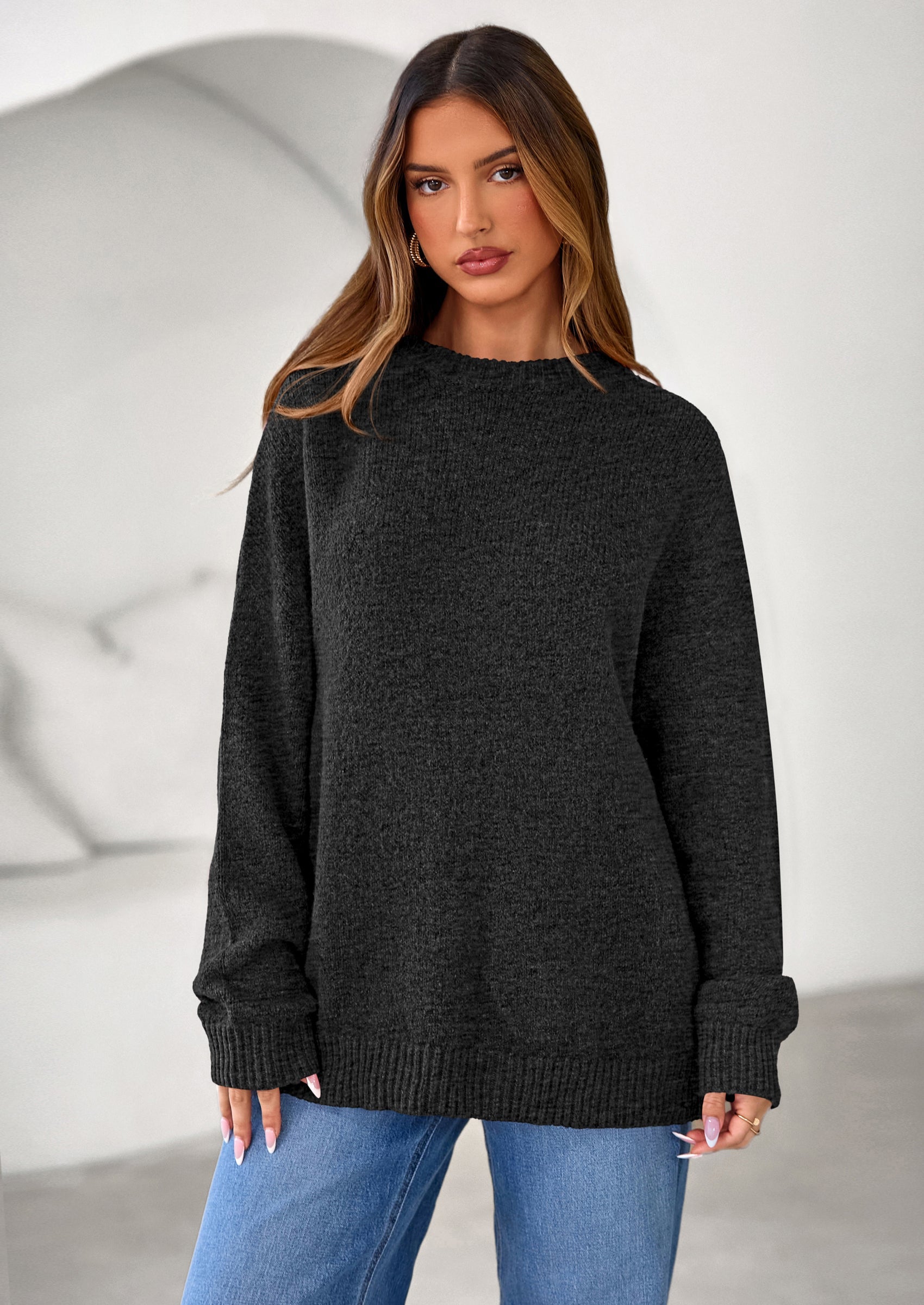 PRETTYGARDEN Womens Fall Long Sleeve Sweater Crew Neck Fuzzy Loose Fit Chunky Knit Oversized Pullover Sweaters Going Out Tops PRETTYGARDEN