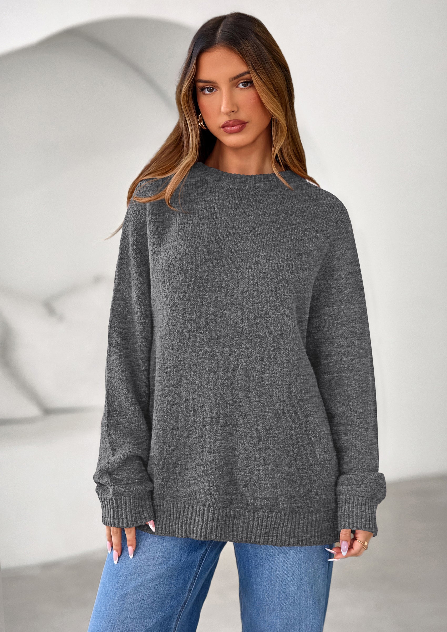 PRETTYGARDEN Womens Fall Long Sleeve Sweater Crew Neck Fuzzy Loose Fit Chunky Knit Oversized Pullover Sweaters Going Out Tops PRETTYGARDEN