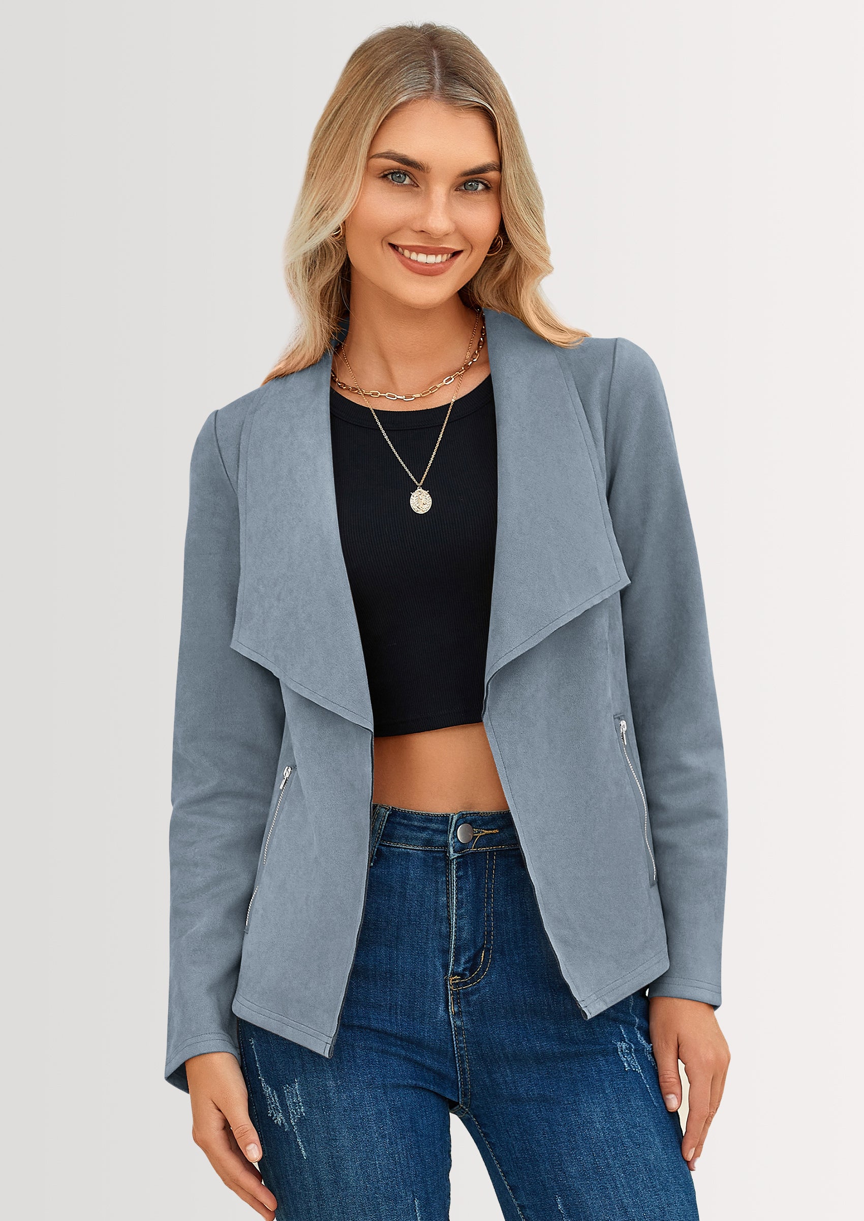 PRETTYGARDEN Women's Faux Suede Jackets Fashion Fall Clothes Long Sleeve Open Front Cropped Coat Outwear