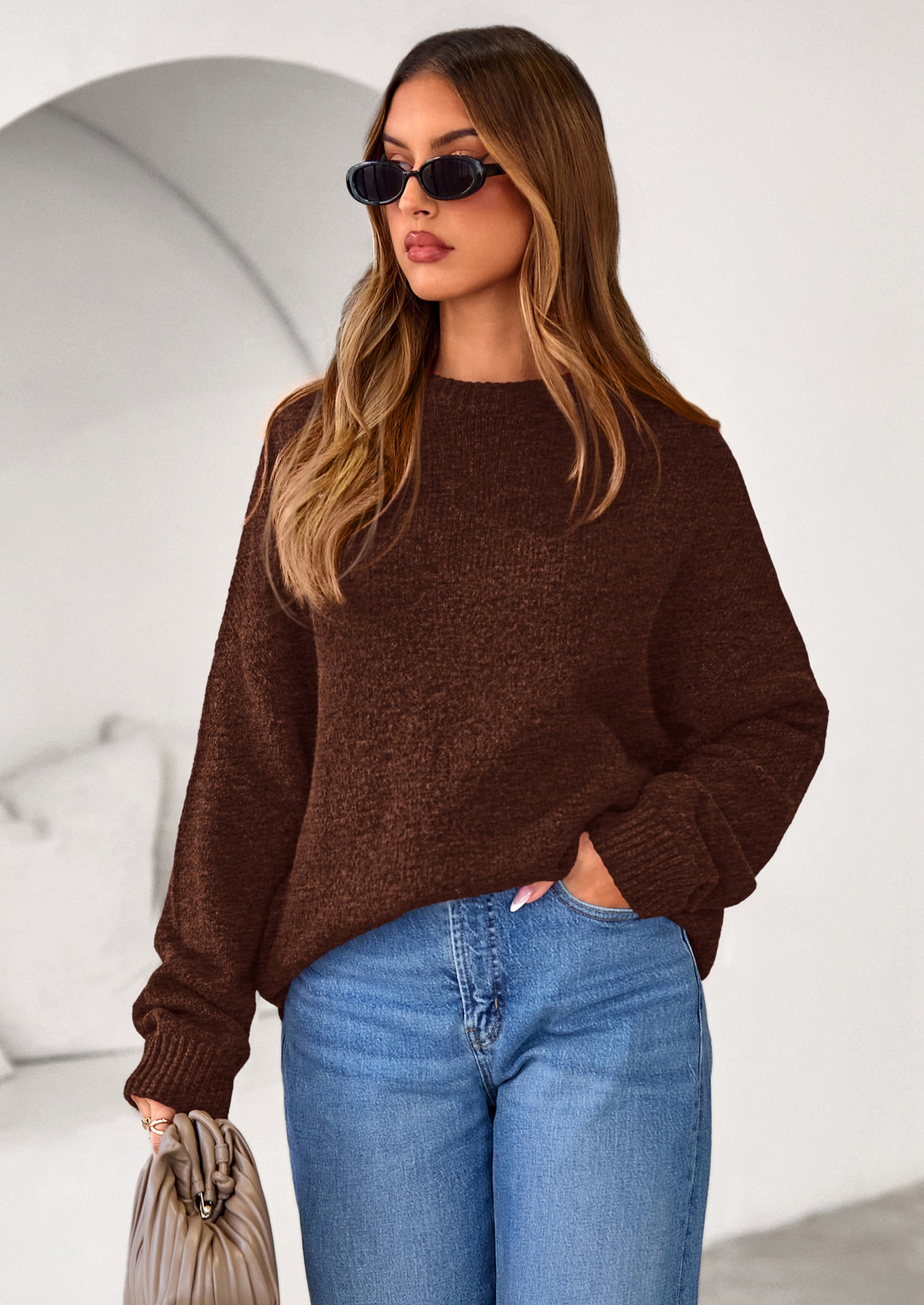PRETTYGARDEN Womens Fall Long Sleeve Sweater Crew Neck Fuzzy Loose Fit Chunky Knit Oversized Pullover Sweaters Going Out Tops PRETTYGARDEN
