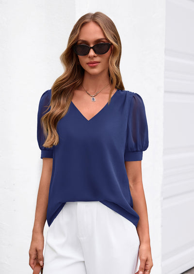 PRETTYGARDEN Womens Tops Dressy Casual Puff Sleeve Chiffon Blouses V Neck Business Work Shirts 2026 Summer Fashion Clothing