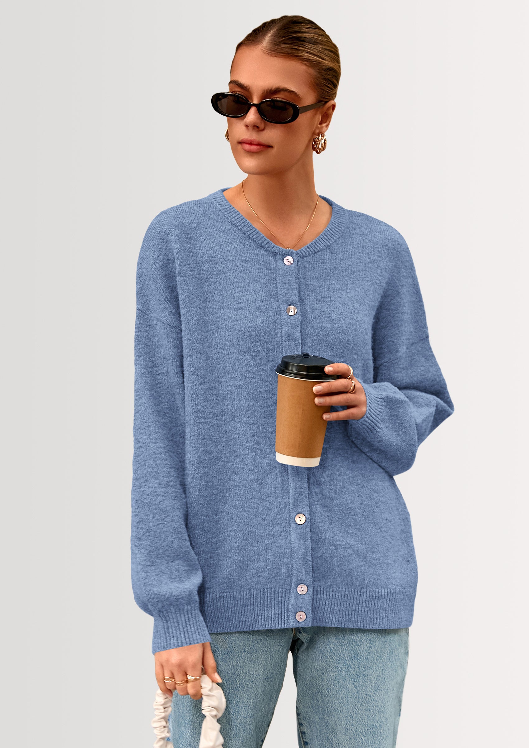 PRETTYGARDEN Fall Long Sleeve Cardigans for Women Trendy Open Front Winter Button Down Crewneck Soft Knit Sweater Jacket