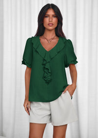 PRETTYGARDEN Women's Summer Dressy Casual Blouses Short Sleeve V Neck Ruffle Going Out Tops Shirt Trendy Spring Outfits PRETTYGARDEN