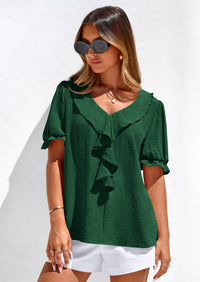 PRETTYGARDEN Women's Summer Dressy Casual Blouses Short Sleeve V Neck Ruffle Going Out Tops Shirt Trendy Spring Outfits PRETTYGARDEN
