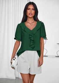PRETTYGARDEN Women's Summer Dressy Casual Blouses Short Sleeve V Neck Ruffle Going Out Tops Shirt Trendy Spring Outfits PRETTYGARDEN