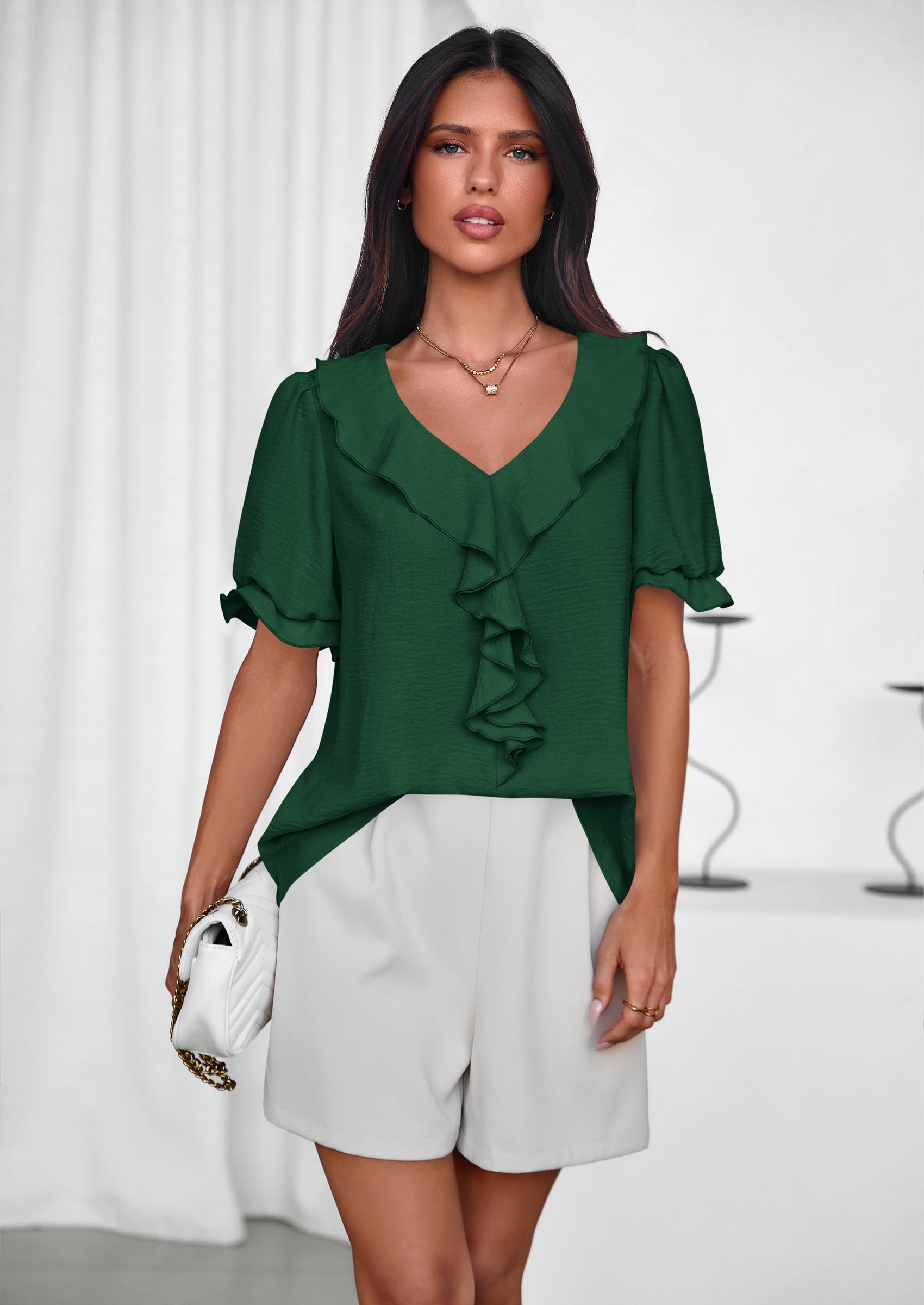 PRETTYGARDEN Women's Summer Dressy Casual Blouses Short Sleeve V Neck Ruffle Going Out Tops Shirt Trendy Spring Outfits PRETTYGARDEN