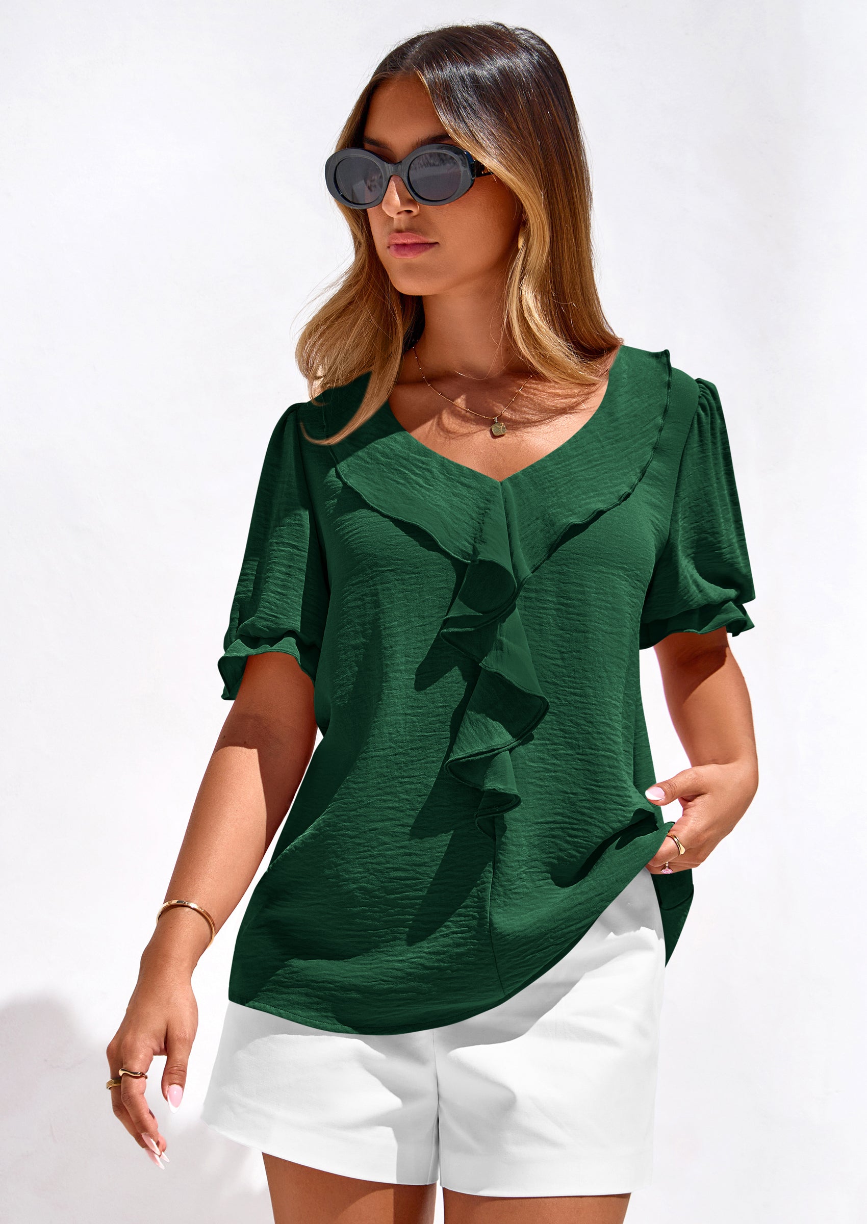 PRETTYGARDEN Women's Summer Dressy Casual Blouses Short Sleeve V Neck Ruffle Going Out Tops Shirt Trendy Spring Outfits PRETTYGARDEN