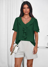 PRETTYGARDEN Women's Summer Dressy Casual Blouses Short Sleeve V Neck Ruffle Going Out Tops Shirt Trendy Spring Outfits PRETTYGARDEN