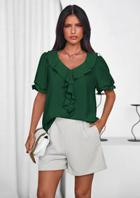 PRETTYGARDEN Women's Summer Dressy Casual Blouses Short Sleeve V Neck Ruffle Going Out Tops Shirt Trendy Spring Outfits PRETTYGARDEN
