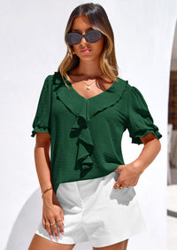 PRETTYGARDEN Women's Summer Dressy Casual Blouses Short Sleeve V Neck Ruffle Going Out Tops Shirt Trendy Spring Outfits PRETTYGARDEN