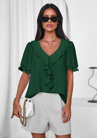PRETTYGARDEN Women's Summer Dressy Casual Blouses Short Sleeve V Neck Ruffle Going Out Tops Shirt Trendy Spring Outfits PRETTYGARDEN