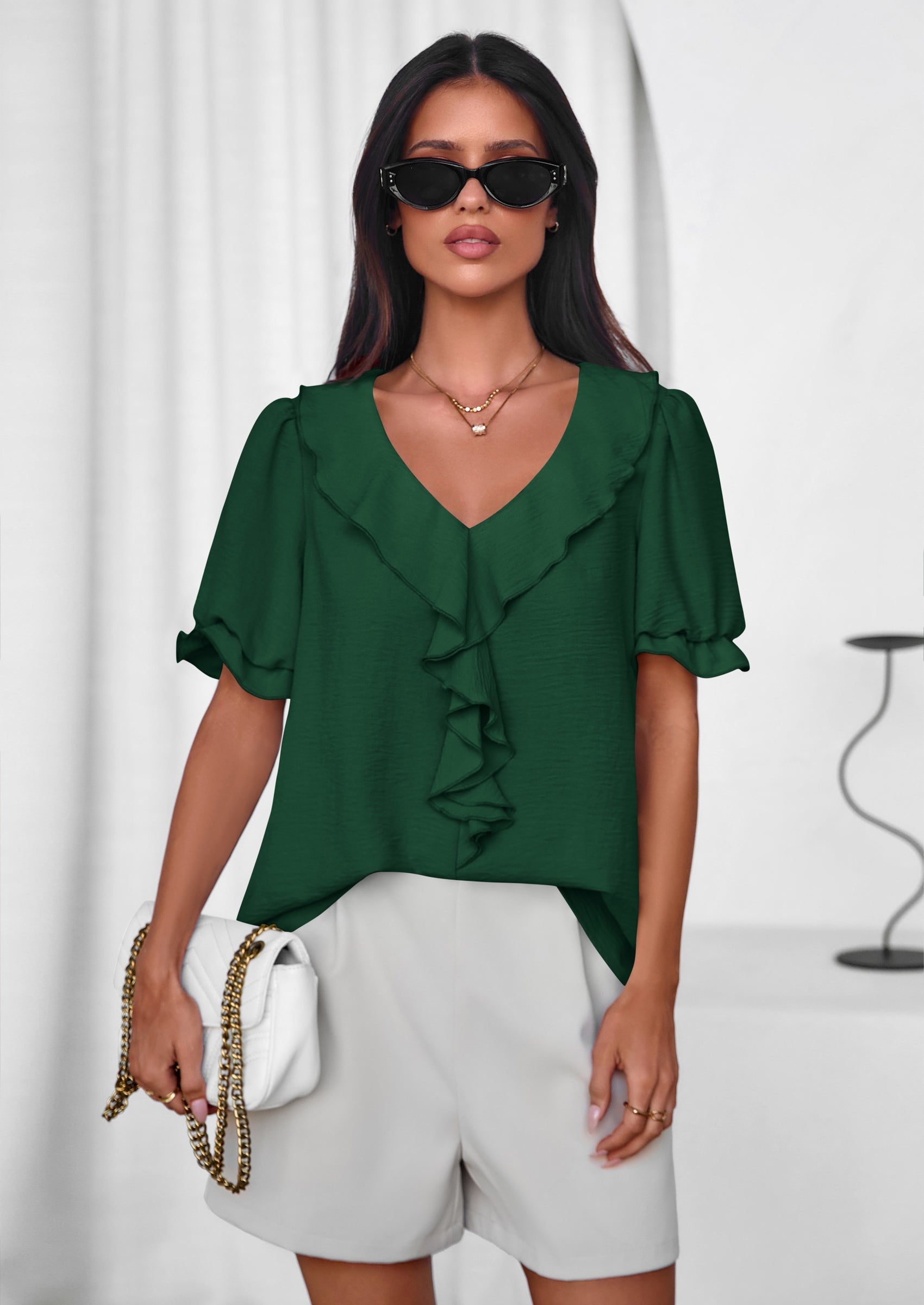 PRETTYGARDEN Women's Summer Dressy Casual Blouses Short Sleeve V Neck Ruffle Going Out Tops Shirt Trendy Spring Outfits PRETTYGARDEN