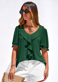 PRETTYGARDEN Women's Summer Dressy Casual Blouses Short Sleeve V Neck Ruffle Going Out Tops Shirt Trendy Spring Outfits PRETTYGARDEN