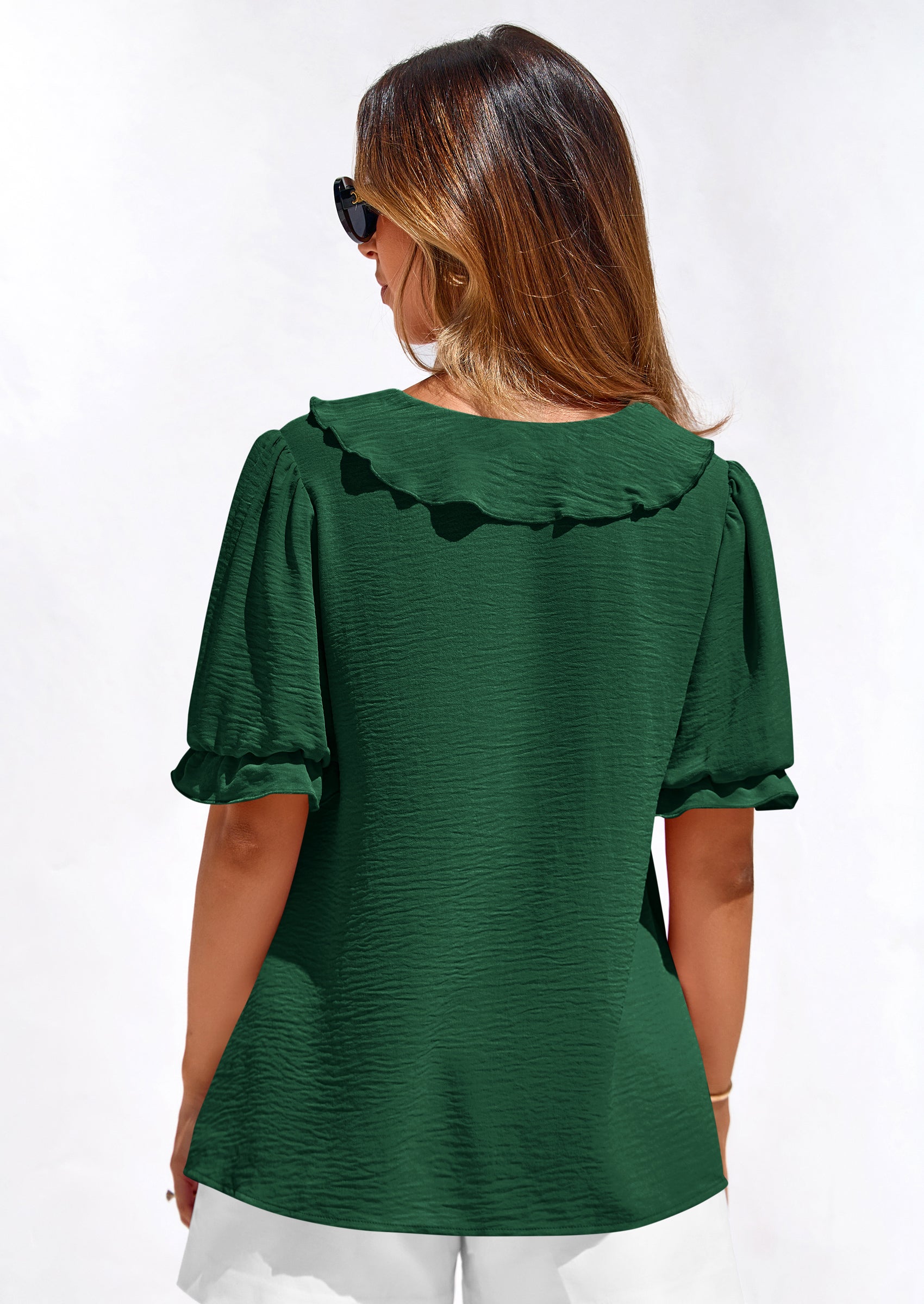 PRETTYGARDEN Women's Summer Dressy Casual Blouses Short Sleeve V Neck Ruffle Going Out Tops Shirt Trendy Spring Outfits PRETTYGARDEN