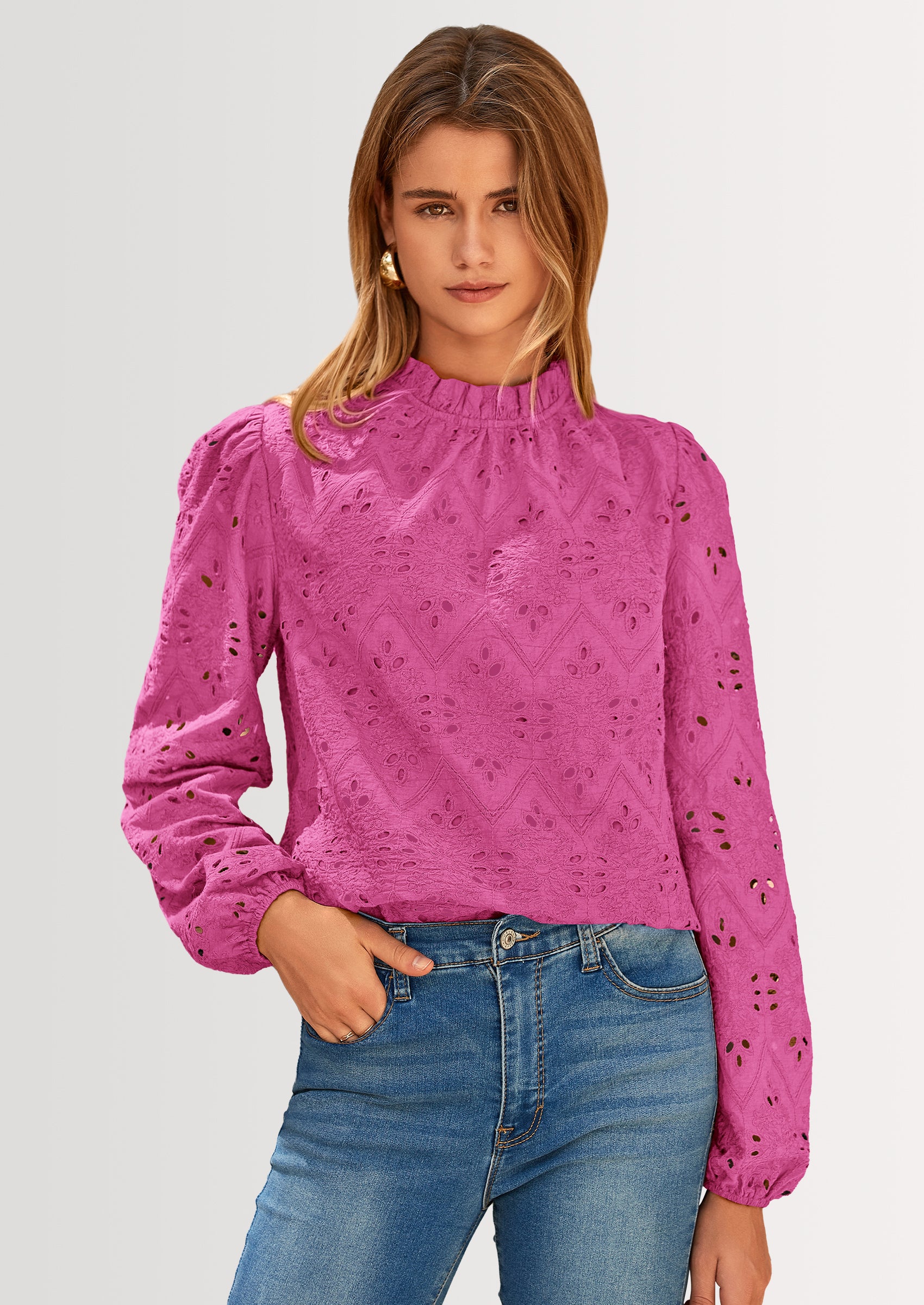 PRETTYGARDEN Womens Tops Dressy Casual Spring Long Sleeve Shirts Embroidered Eyelet Blouses Going Out Outfits