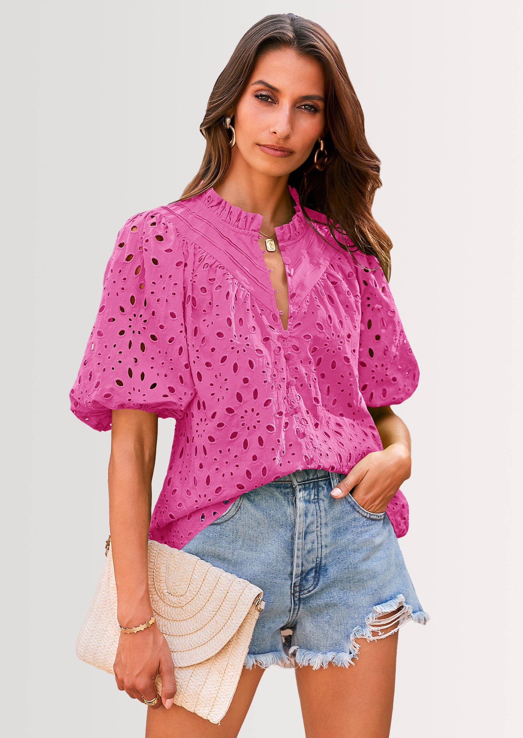 PRETTYGARDEN Women's Summer Short Sleeve Tops Dressy Casual Buttons V Neck Hollow Out Lace Embroidered Blouses Shirts