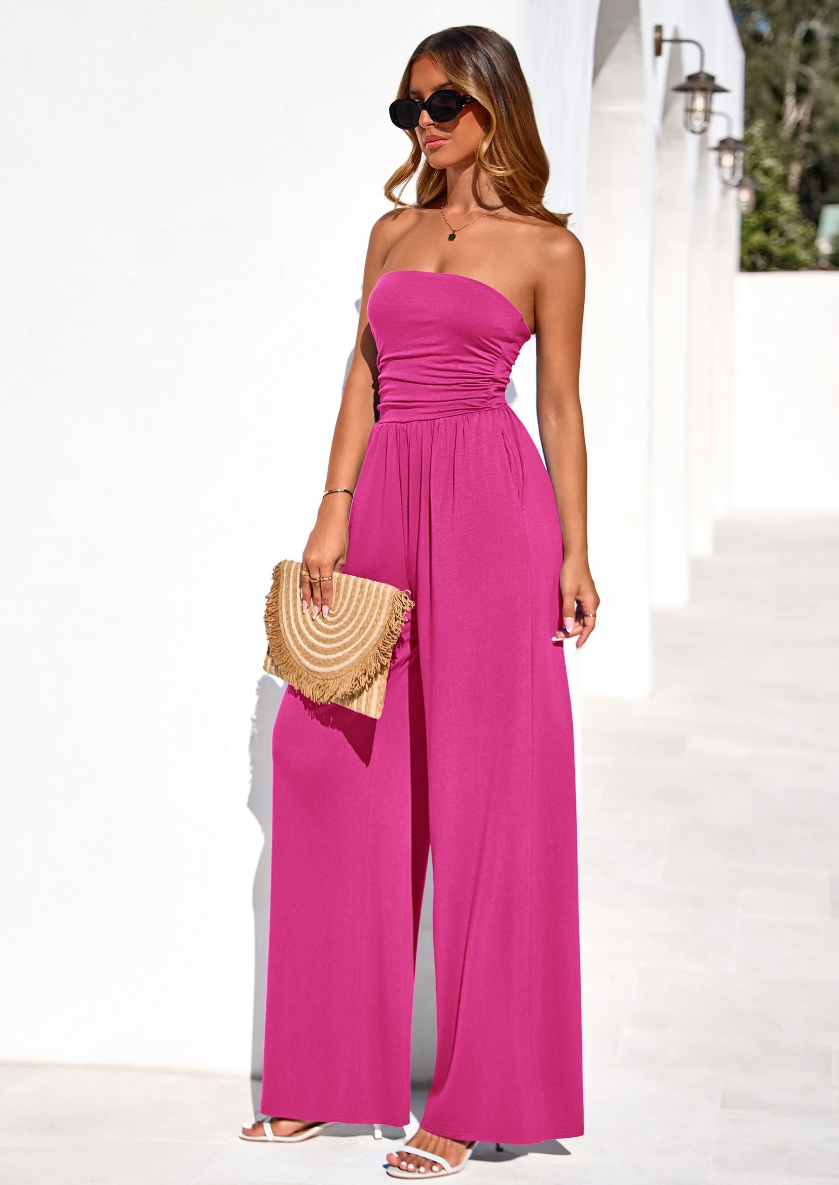 PRETTYGARDEN Womens Trendy Strapless Rompers Ruched Tube Top Wide Leg One Piece Jumpsuits Beach Vacation Summer Outfits PRETTYGARDEN