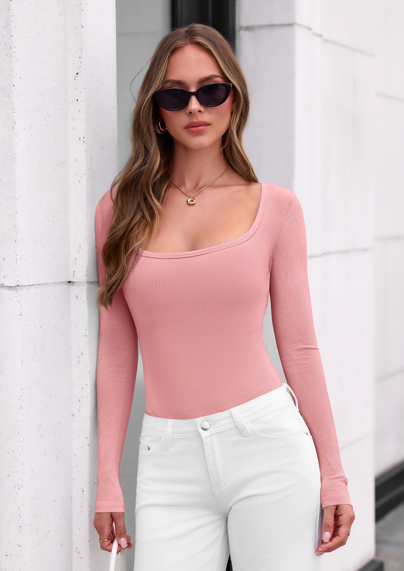 PRETTYGARDEN Bodysuits for Women Fall Long Sleeve Body Suits Scoop Neck Ribbed Knit Fitted Basic Tops Soft Tee Shirts