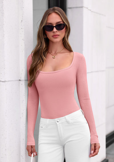 PRETTYGARDEN Bodysuits for Women Fall Long Sleeve Body Suits Scoop Neck Ribbed Knit Fitted Basic Tops Soft Tee Shirts