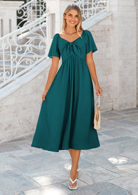 PRETTYGARDEN Summer Dress for Women Casual Short Sleeve Bow Tie V Neck Ruffle Midi Flowy Dresses
