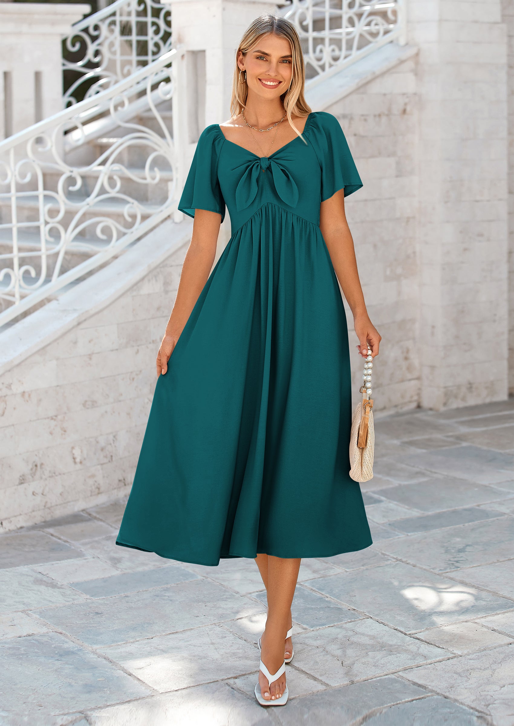 PRETTYGARDEN Summer Dress for Women Casual Short Sleeve Bow Tie V Neck Ruffle Midi Flowy Dresses