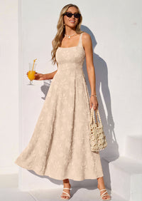 PRETTYGARDEN Womens Summer Maxi Dresses Casual Sleeveless Square Neck Jacquard Flowy Wedding Guest Beach Boho Long Dress