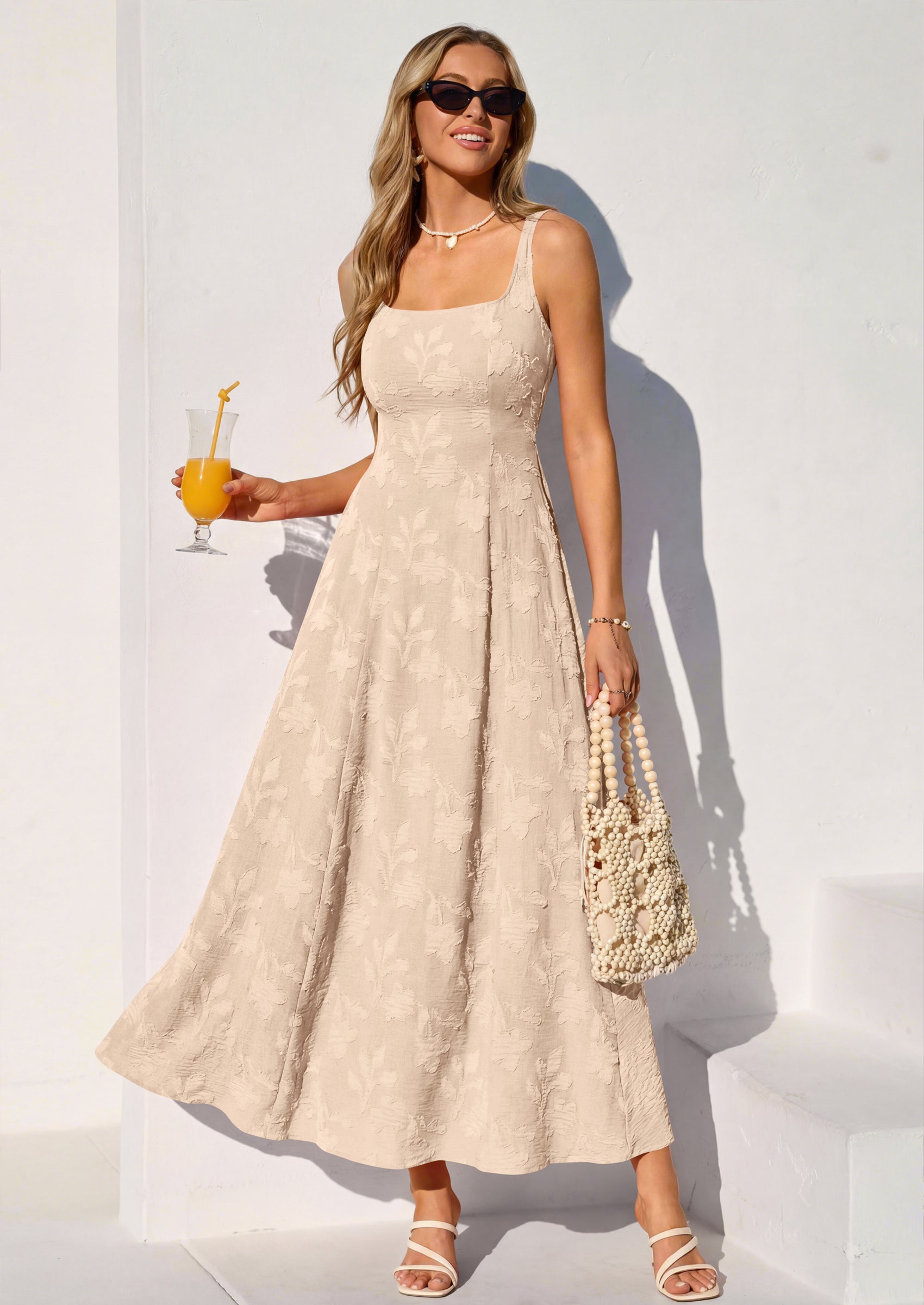 PRETTYGARDEN Womens Summer Maxi Dresses Casual Sleeveless Square Neck Jacquard Flowy Wedding Guest Beach Boho Long Dress