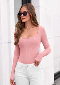 PRETTYGARDEN Bodysuits for Women Fall Long Sleeve Body Suits Scoop Neck Ribbed Knit Fitted Basic Tops Soft Tee Shirts