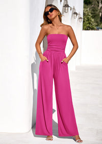 PRETTYGARDEN Womens Trendy Strapless Rompers Ruched Tube Top Wide Leg One Piece Jumpsuits Beach Vacation Summer Outfits PRETTYGARDEN