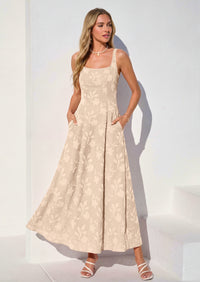 PRETTYGARDEN Womens Summer Maxi Dresses Casual Sleeveless Square Neck Jacquard Flowy Wedding Guest Beach Boho Long Dress