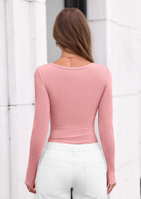 PRETTYGARDEN Bodysuits for Women Fall Long Sleeve Body Suits Scoop Neck Ribbed Knit Fitted Basic Tops Soft Tee Shirts