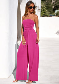 PRETTYGARDEN Womens Trendy Strapless Rompers Ruched Tube Top Wide Leg One Piece Jumpsuits Beach Vacation Summer Outfits PRETTYGARDEN