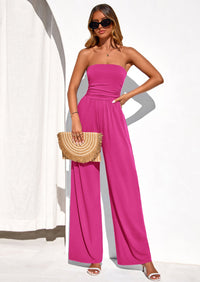 PRETTYGARDEN Womens Trendy Strapless Rompers Ruched Tube Top Wide Leg One Piece Jumpsuits Beach Vacation Summer Outfits PRETTYGARDEN