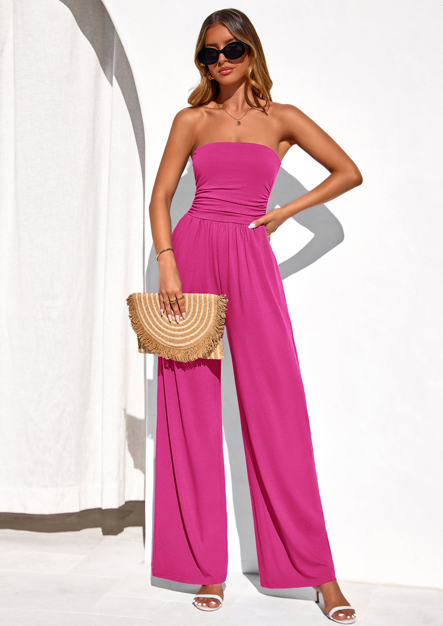 PRETTYGARDEN Womens Trendy Strapless Rompers Ruched Tube Top Wide Leg One Piece Jumpsuits Beach Vacation Summer Outfits PRETTYGARDEN