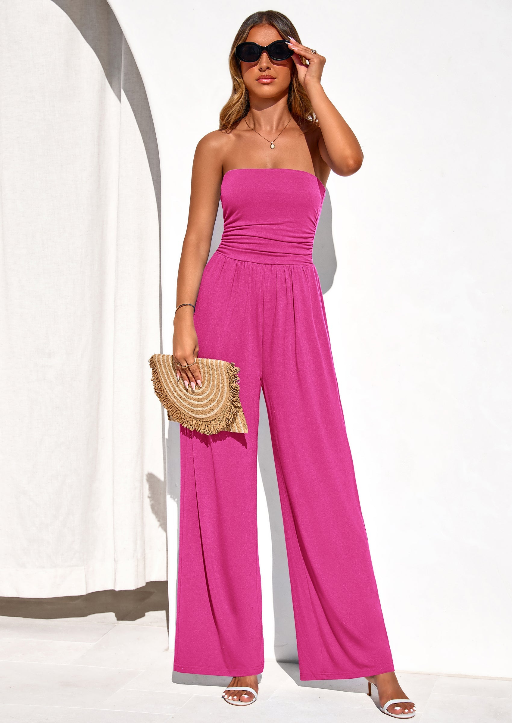 PRETTYGARDEN Womens Trendy Strapless Rompers Ruched Tube Top Wide Leg One Piece Jumpsuits Beach Vacation Summer Outfits PRETTYGARDEN