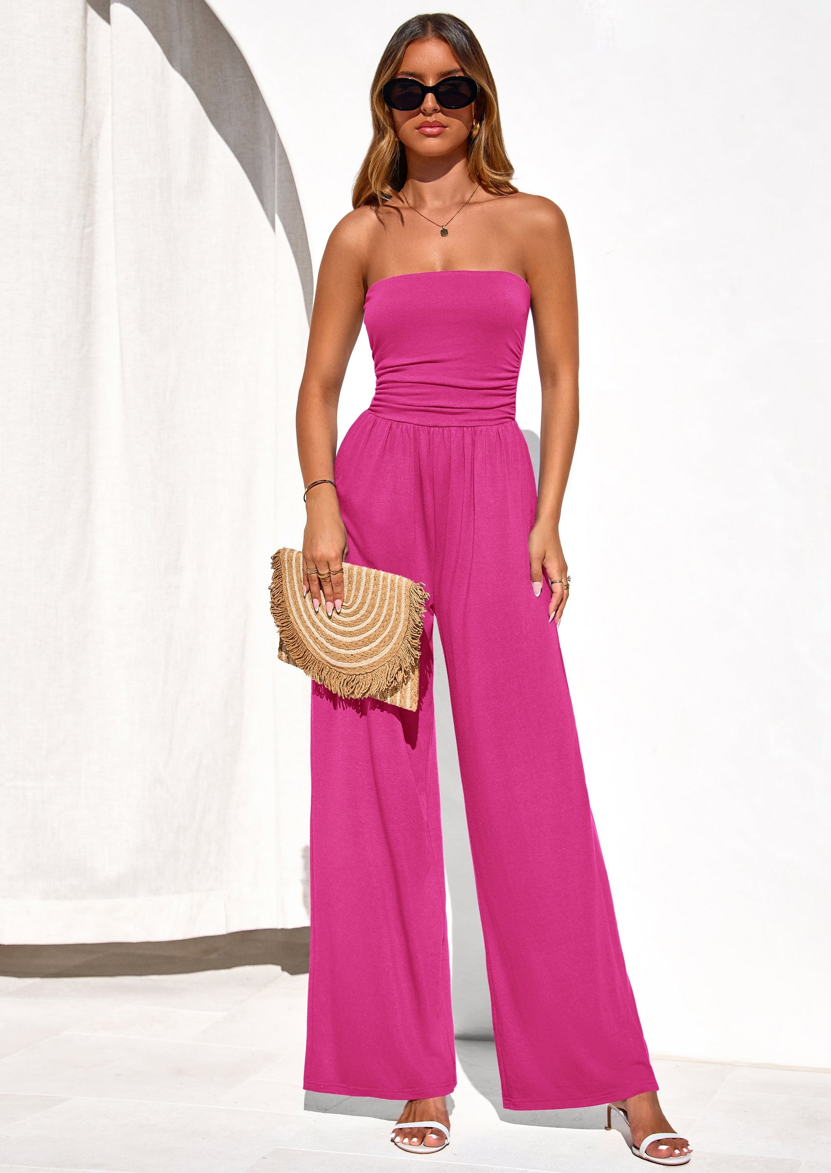 PRETTYGARDEN Womens Trendy Strapless Rompers Ruched Tube Top Wide Leg One Piece Jumpsuits Beach Vacation Summer Outfits PRETTYGARDEN