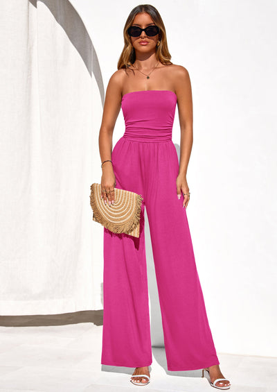 PRETTYGARDEN Womens Trendy Strapless Rompers Ruched Tube Top Wide Leg One Piece Jumpsuits Beach Vacation Summer Outfits PRETTYGARDEN