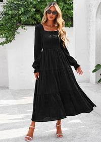 PRETTYGARDEN Fall Wedding Guest Dresses for Women Floral Long Sleeve Smocked Tiered Elegant Long Flowy Boho Dress