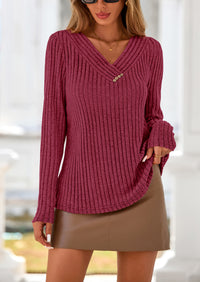 PRETTYGARDEN Women's Long Sleeve Shirts Fall Fashion Clothes Casual Ribbed V Neck Loose Tunic Tops Lightweight Sweaters