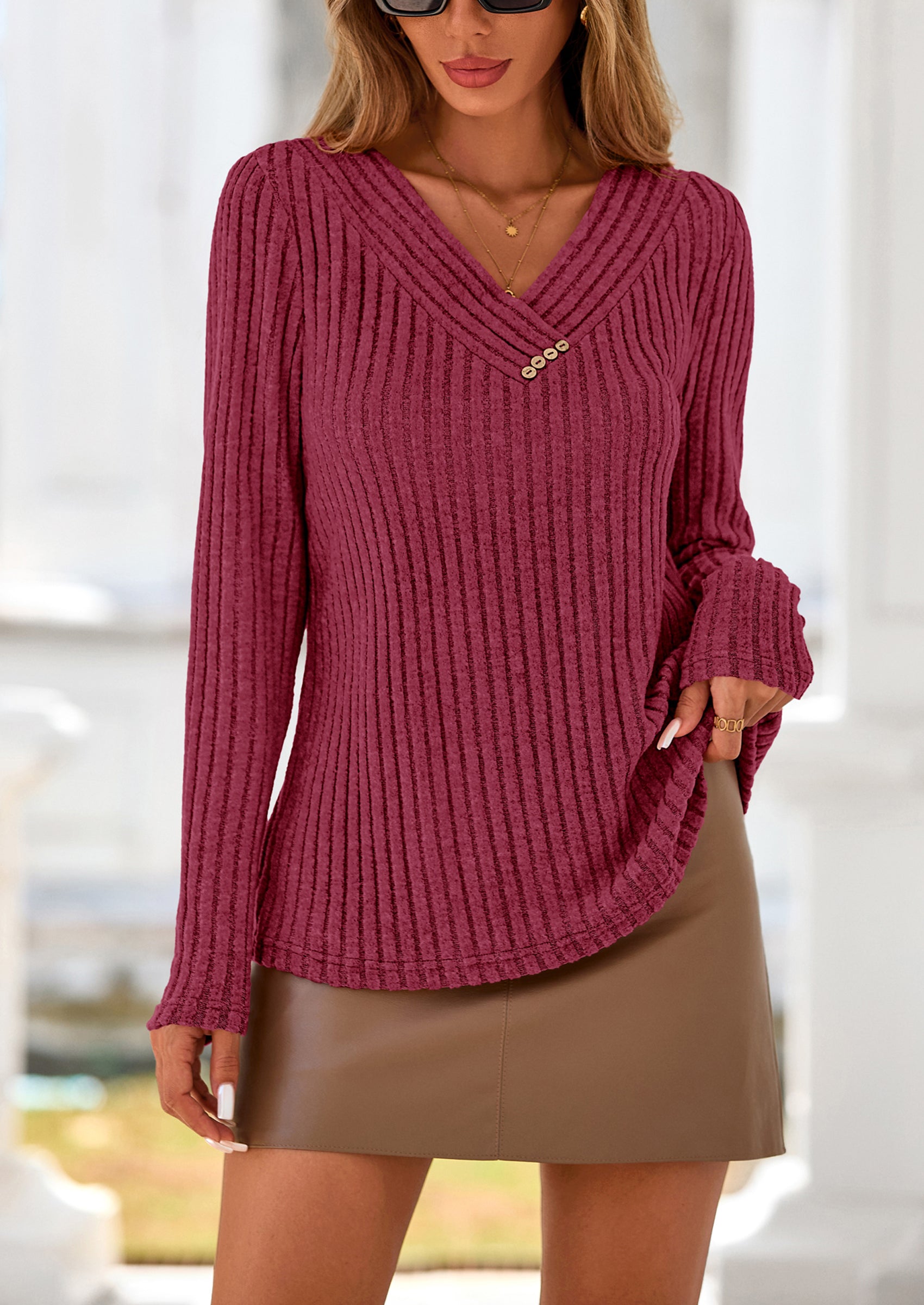 PRETTYGARDEN Women's Long Sleeve Shirts Fall Fashion Clothes Casual Ribbed V Neck Loose Tunic Tops Lightweight Sweaters