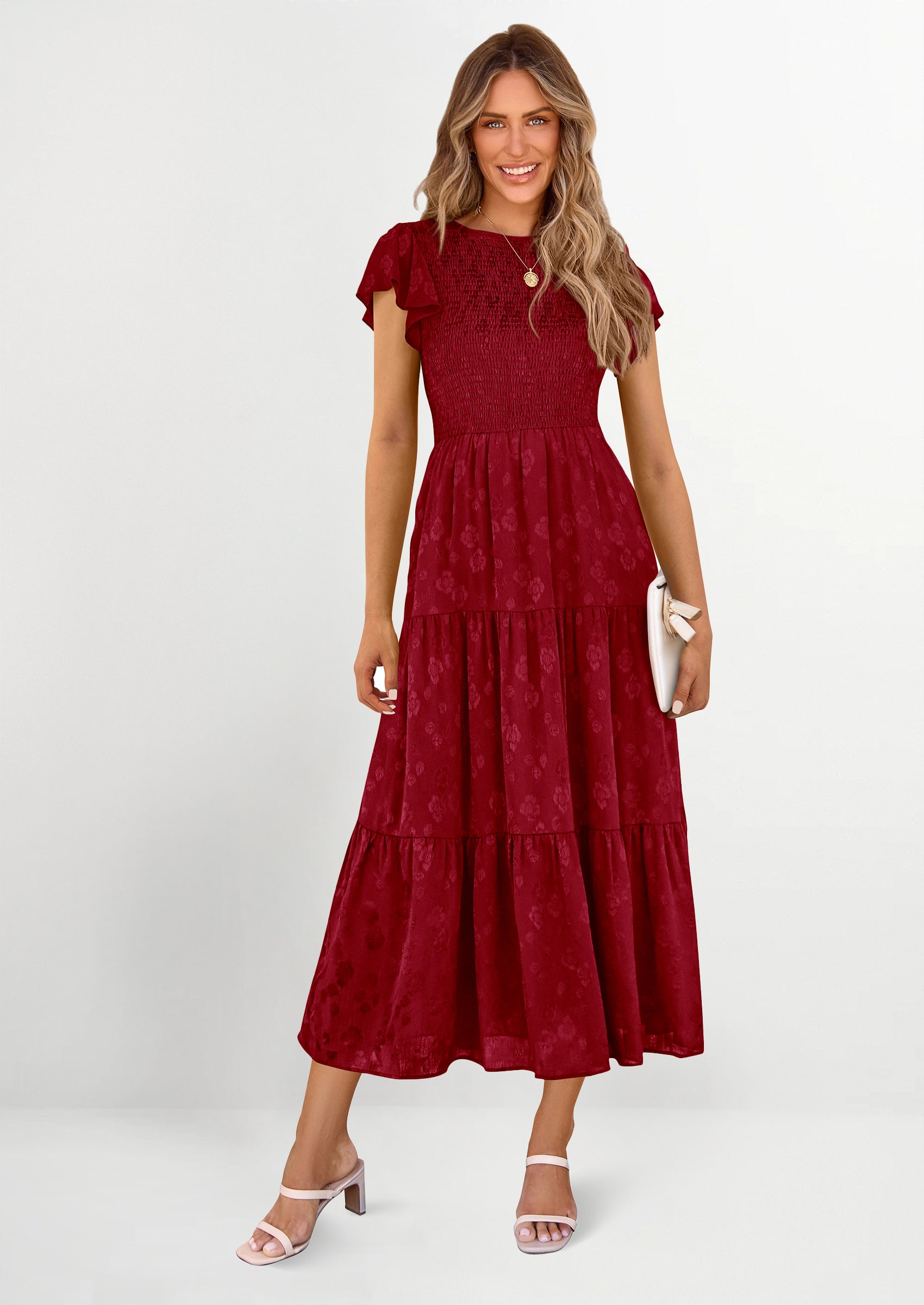 PRETTYGARDEN Midi Dress for Women Summer Floral Cap Sleeve Smocked Ruffle A Line Long Flowy Wedding Guest Dresses