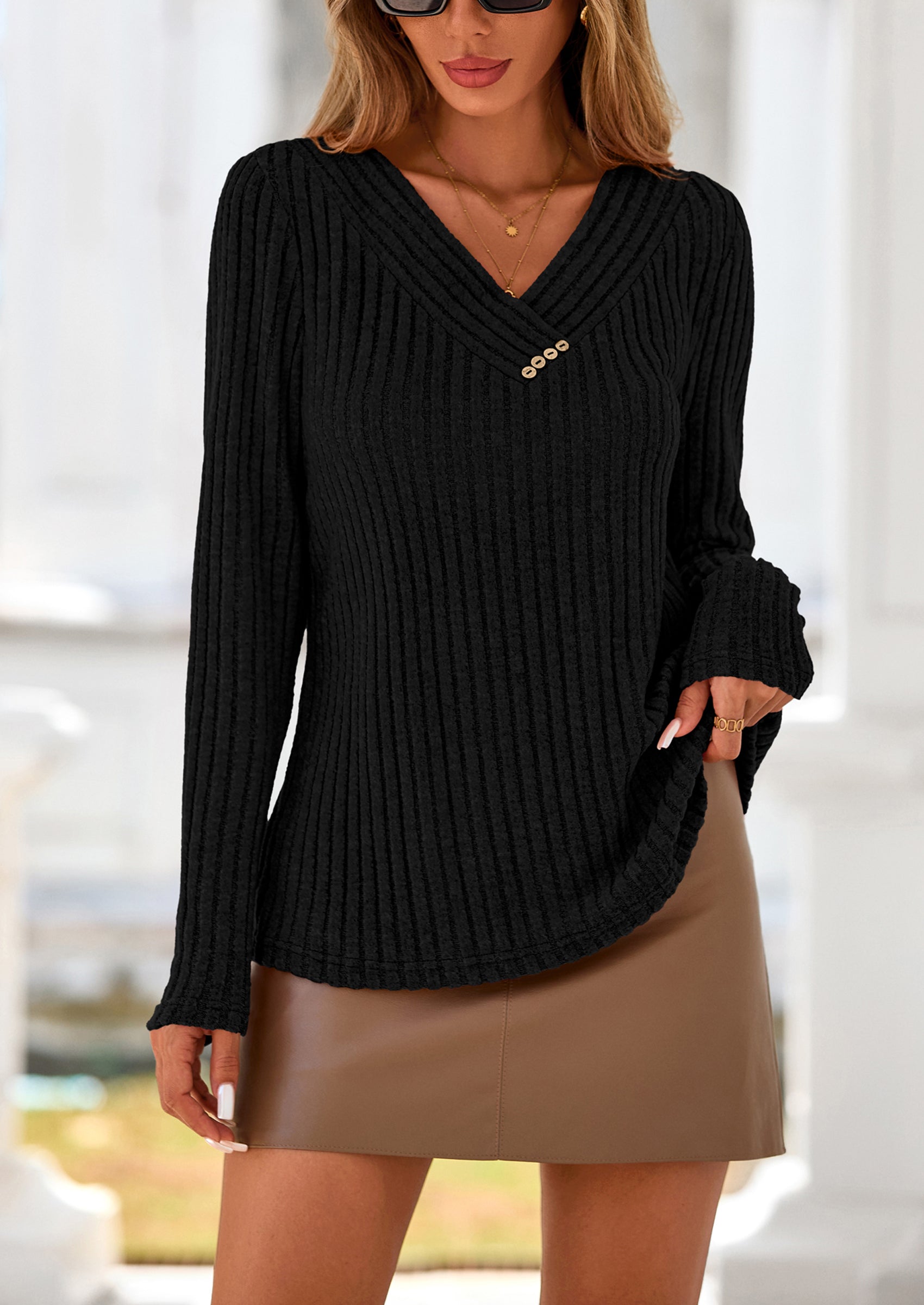 PRETTYGARDEN Women's Long Sleeve Shirts Fall Fashion Clothes Casual Ribbed V Neck Loose Tunic Tops Lightweight Sweaters