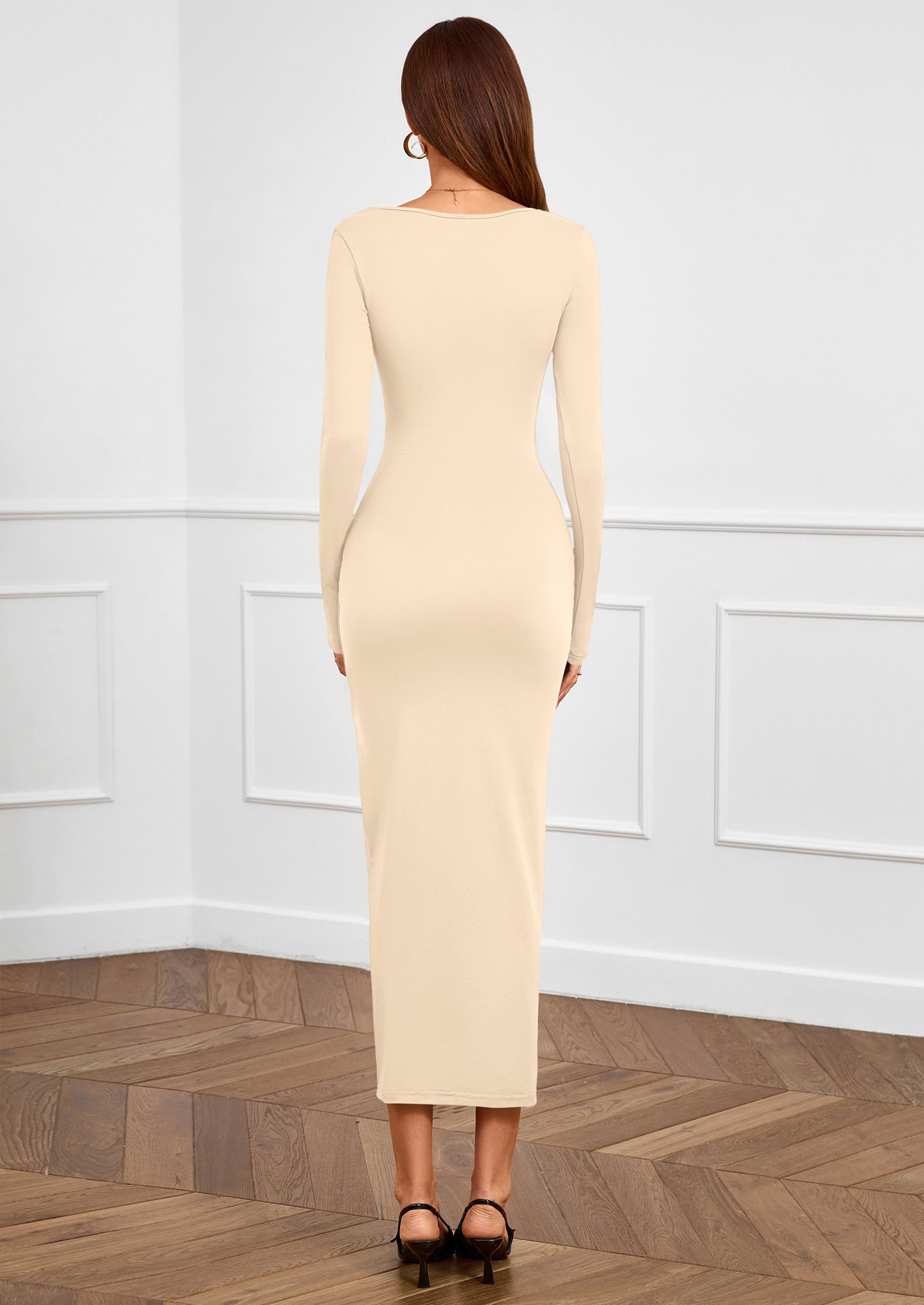 PRETTYGARDEN Women's Fall Wedding Guest Cocktail Midi Dresses Elegant Long Sleeve Bodycon Ruched Dress Fashion Clothing