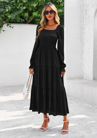 PRETTYGARDEN Fall Wedding Guest Dresses for Women Floral Long Sleeve Smocked Tiered Elegant Long Flowy Boho Dress