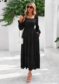 PRETTYGARDEN Fall Wedding Guest Dresses for Women Floral Long Sleeve Smocked Tiered Elegant Long Flowy Boho Dress